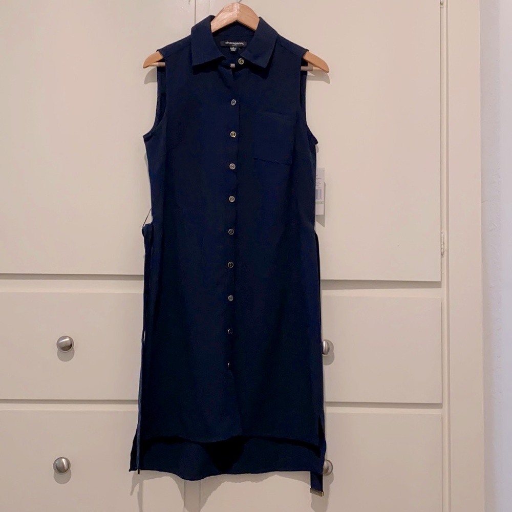 Sharagano . Navy blue shirt dress with classic belt.